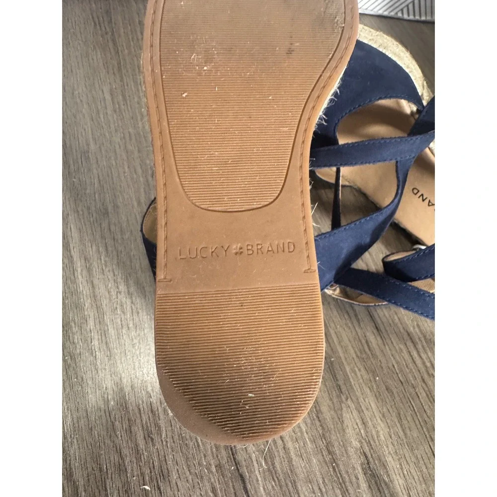 Lucky Brand Valki Navy Blue Leather T-Strap Espadrille Wedge Sandals 6.5M